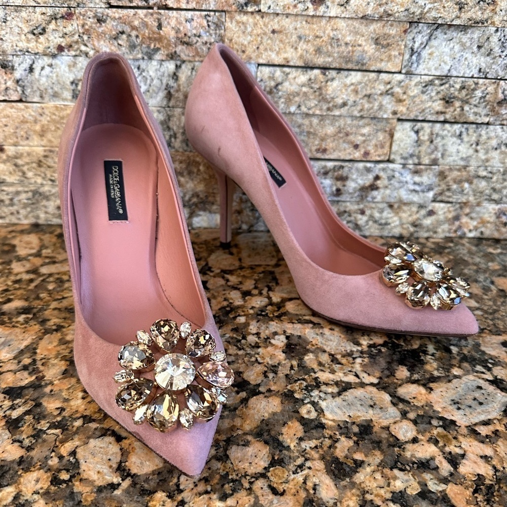 DOLCE & GABBANA Shoes Pink Leather Crystal Heels Pumps Heels - Picture 2 of 14